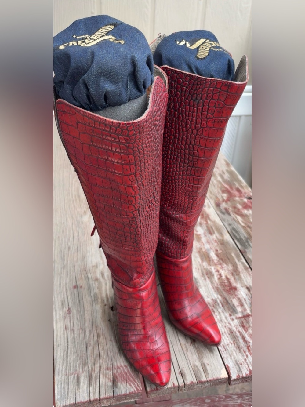 Women's Freebird Red Croc-Embossed Knee-High Boots Style: Jasper